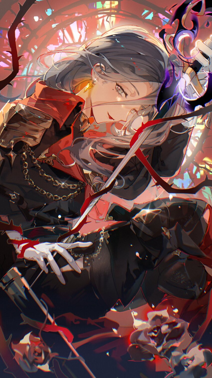 1girl, aiguillette, black_coat, black_thighhighs, boots, chain, chinese_commentary, coat