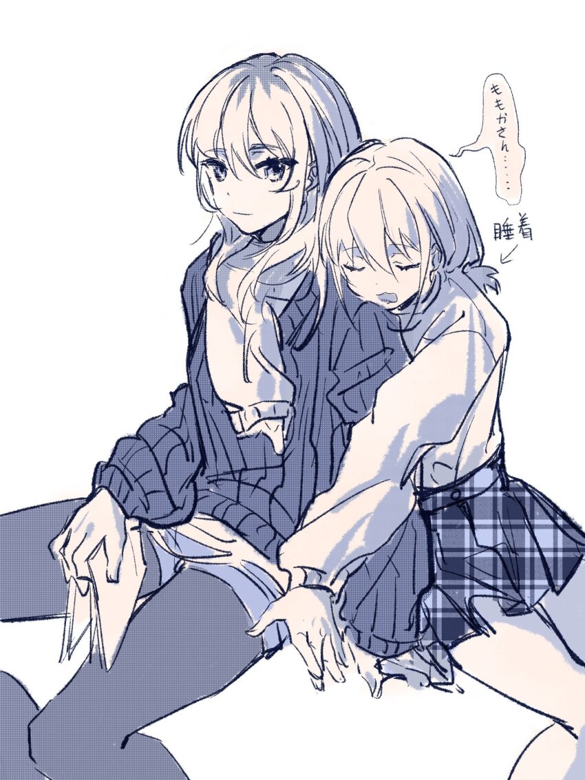 2girls, arm_around_neck, closed_eyes, closed_mouth, commentary, girls_band_cry, greyscale, hair_between_eyes