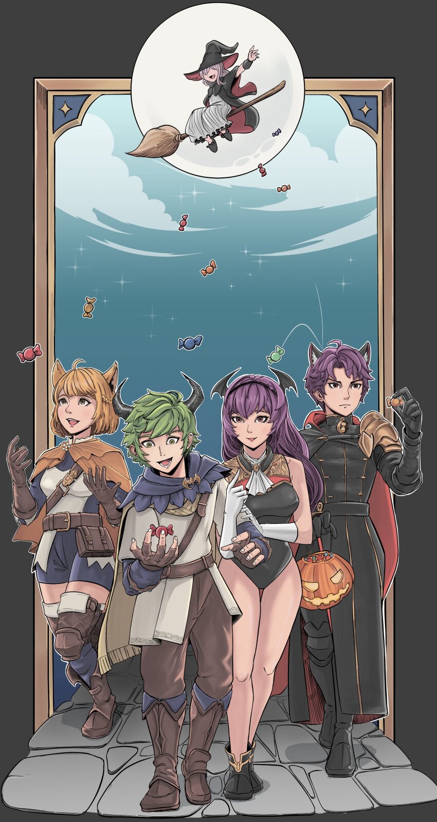 2boys, 3girls, absurdres, ahoge, ascot, belt, belt_pouch, beryl_(sword_of_convallaria)