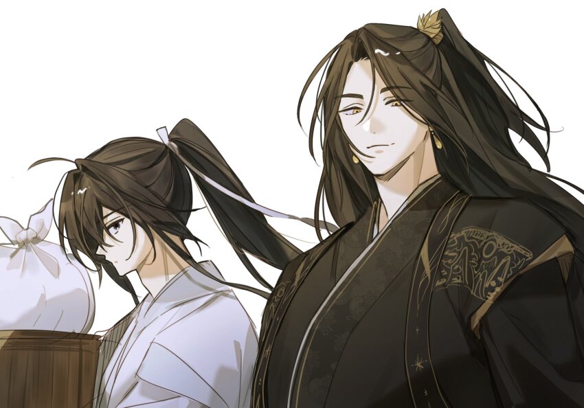 2boys, bag, black_hair, box, chinese_clothes, earrings, gold_earrings, grey_eyes