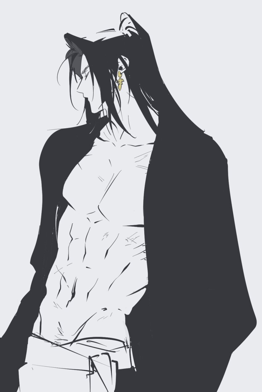 1boy, closed_eyes, cowboy_shot, earrings, gold_earrings, half_updo, high_ponytail, highres