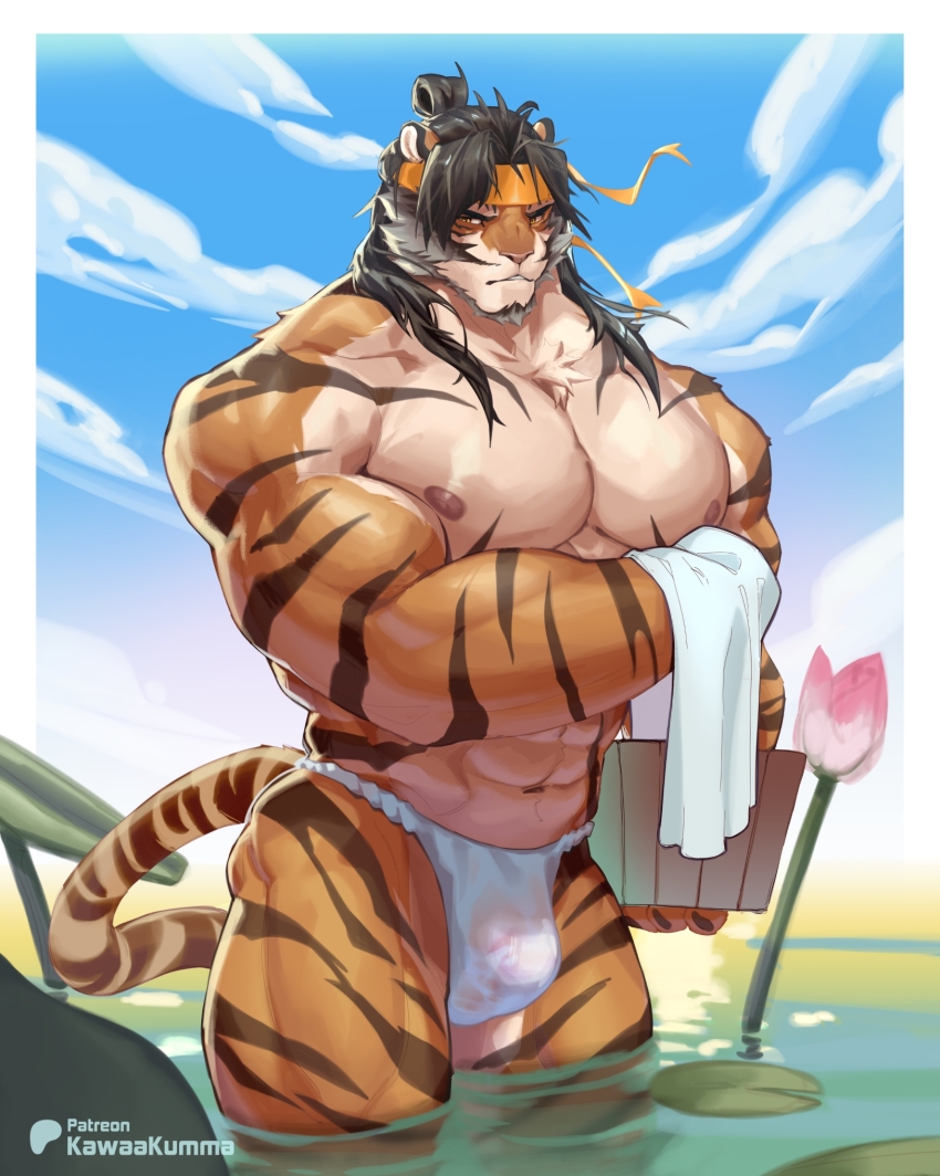 1boy, abs, animal_ears, animal_print, arknights, bara, beard, biceps, black_hair, border, bucket, bulge, chest_hair, cloth, facial_hair, flower, fundoshi, furry, furry_male, headband, highres, huai_tianpei_(arknights), japanese_clothes, kawaakumma, large_pectorals, lily_pad, looking_at_viewer, lotus, male_focus, male_underwear, mature_male, muscular, muscular_arms, muscular_legs, muscular_male, navel, nipples, patreon_logo, patreon_username, pectoral_cleavage, pectorals, solo, standing, stomach, tail, thighs, tiger_boy, tiger_ears, tiger_print, topless_female, topless_male, underwear, wading, water, wet, wet_clothes, wet_male_underwear, white_border, wooden_bucket, yellow_eyes