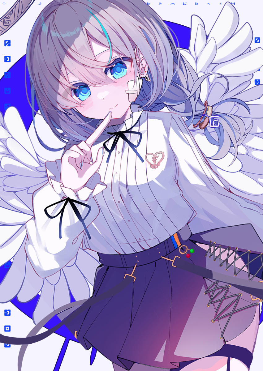 1girl, angel_wings, arcaea, ass, bandage_on_face, bandages, bare_legs, blue_background