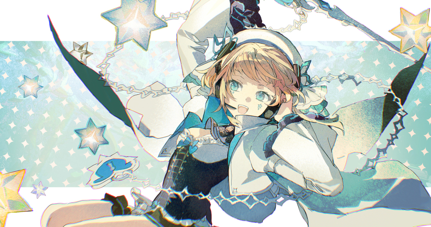 1girl, arcaea, arm_up, bare_legs, beret, blonde_hair, blue_background, blue_eyes