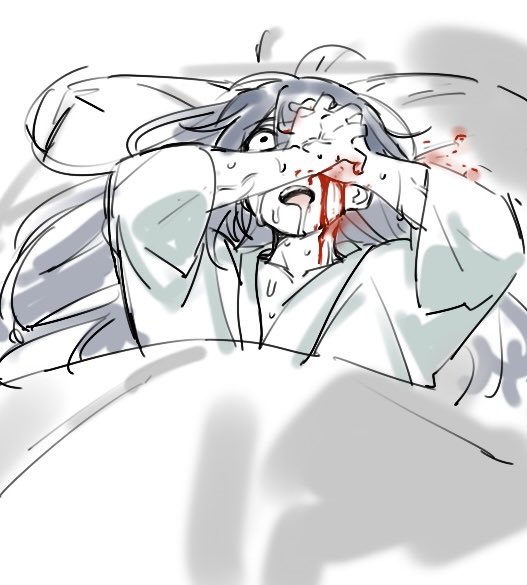1boy, black_hair, blood, blood_on_face, blood_on_hands, covering_one_eye, drooling, hair_down