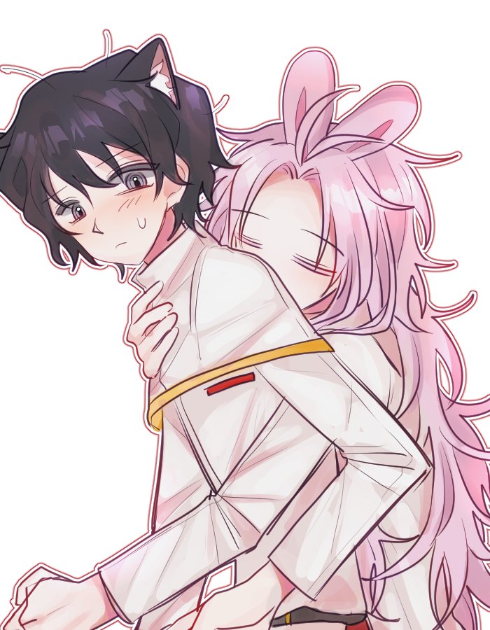 1b_(dlqotlswk), 2boys, animal_ear_fluff, animal_ears, antenna_hair, black_hair, blush, capelet