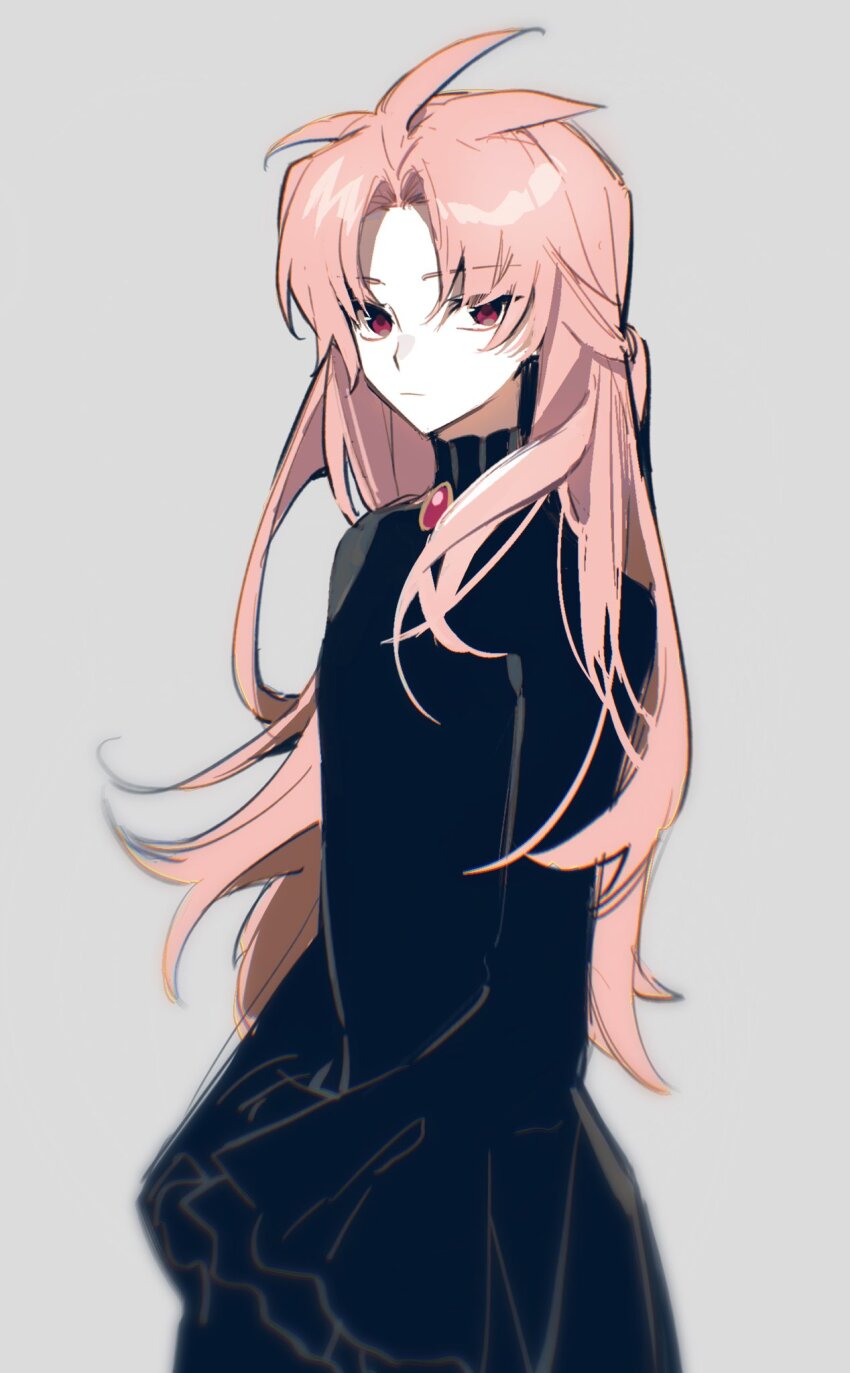 1boy, alternate_costume, antenna_hair, black_dress, brooch, closed_mouth, commentary, crossdressing