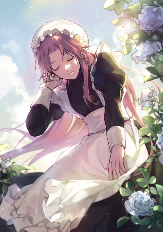 1girl, alternate_costume, apron, black_dress, blue_sky, cloud, commentary_request, crossdressing, crossdressing_(ftm), crossdressing_(mtf), curtained_hair, day, dress, enmaided, flower, hat, hatsutori_hajime, juliet_sleeves, korean_commentary, lenmeu, light_particles, long_hair, long_sleeves, maid, male_focus, male_maid, mob_cap, outdoors, parted_bangs, pink_hair, puffy_sleeves, rose, saibou_shinkyoku, sky, solo, trap, very_long_hair, white_apron, white_flower, white_hat, white_rose