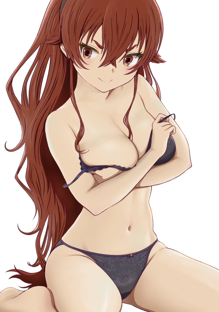 1girl, bare_shoulders, black_bra, black_hairband, black_panties, bow, bow_panties, bra