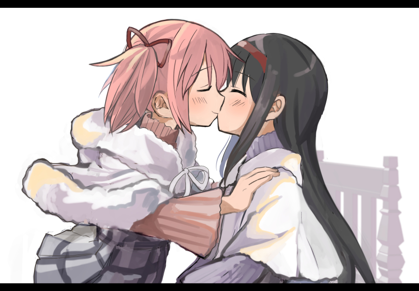2girls, absurdres, akemi_homura, black_hair, blush, cape, chair, closed_eyes, closed_mouth, commentary_request, from_side, grey_skirt, hair_ribbon, hand_on_another's_shoulder, highres, kaname_madoka, letterboxed, long_hair, mahou_shoujo_madoka_magica, multiple_girls, pink_hair, pink_shirt, pleated_skirt, profile, red_ribbon, ribbon, shirt, simple_background, sitting, skirt, smile, standing, twintails, white_background, white_cape, yuri, yuukarirakkumasuki