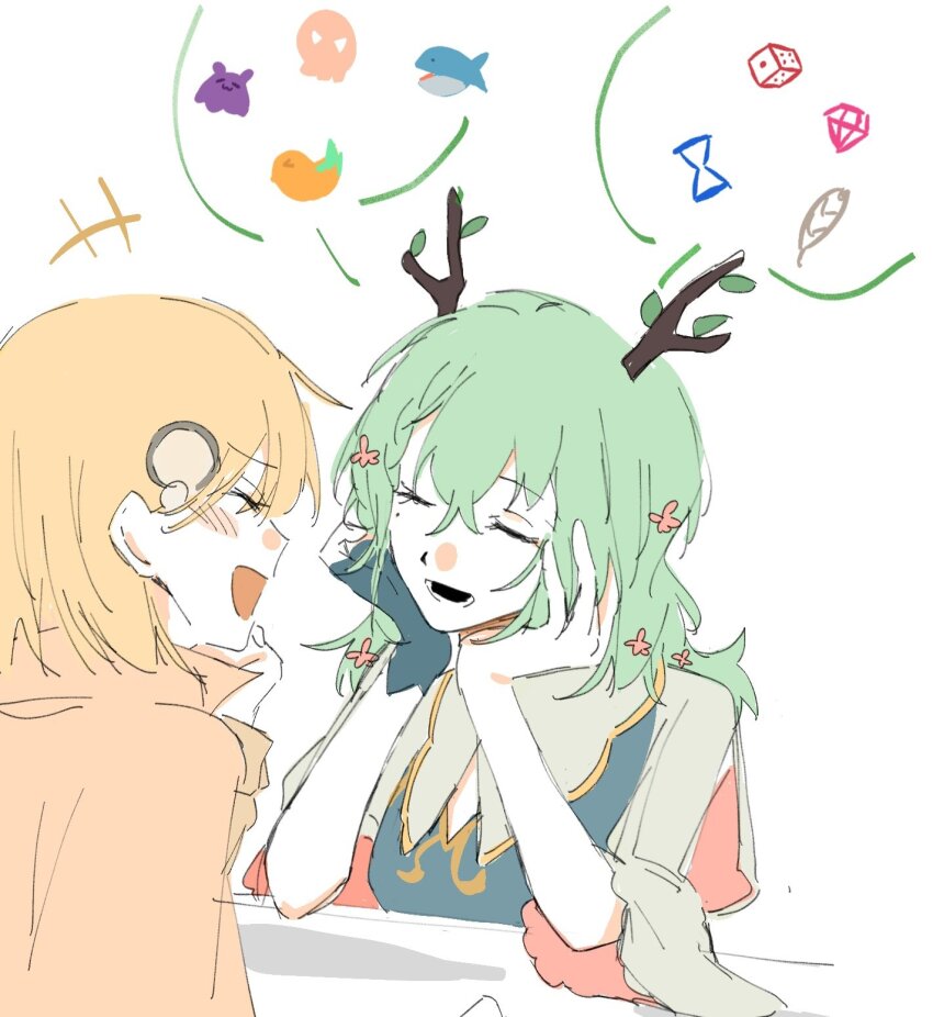 3girls, anklet, blonde_hair, blue_skirt, brown_coat, canvas0911, ceres_fauna, ceres_fauna_(1st_costume)