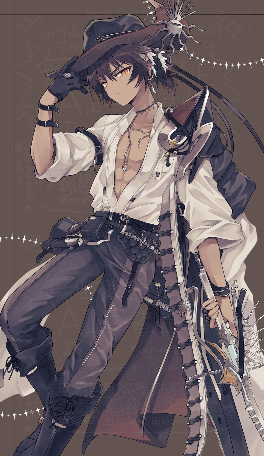 1boy, arknights, black_footwear, black_gloves, black_pants, brown_background, brown_hair, brown_hat