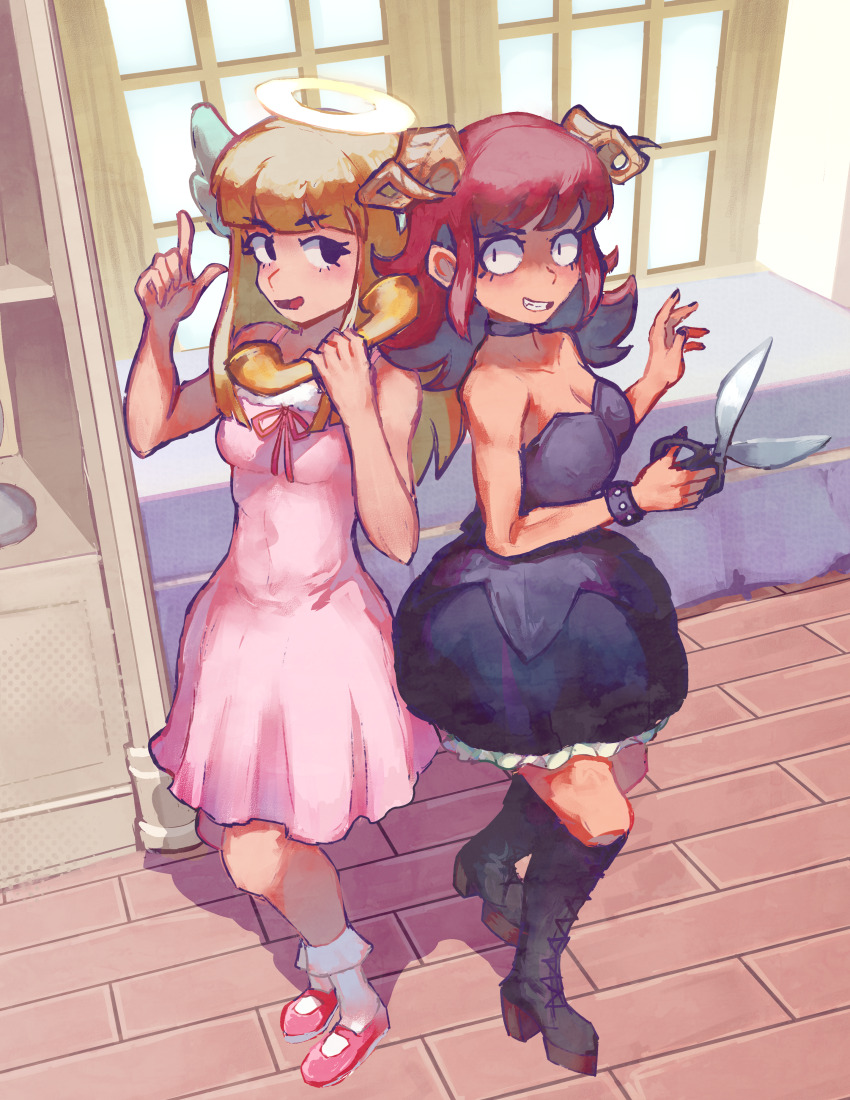 2girls, absurdres, angel, angel_(devilish_hairdresser), angel_and_devil, black_bloomers, bloomers, bracelet