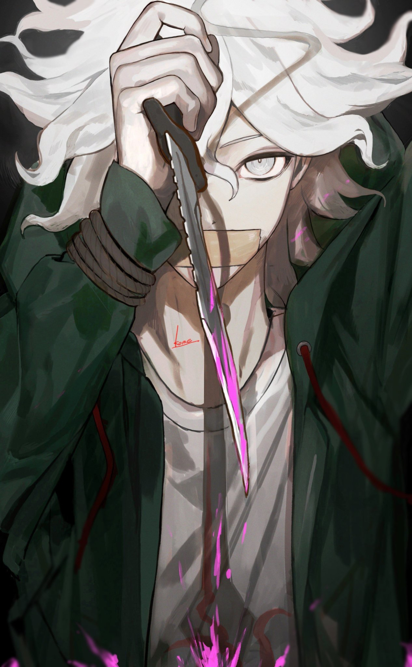 1boy, blood, blood_on_clothes, bloody_weapon, danganronpa_(series), danganronpa_2:_goodbye_despair, gag, green_jacket