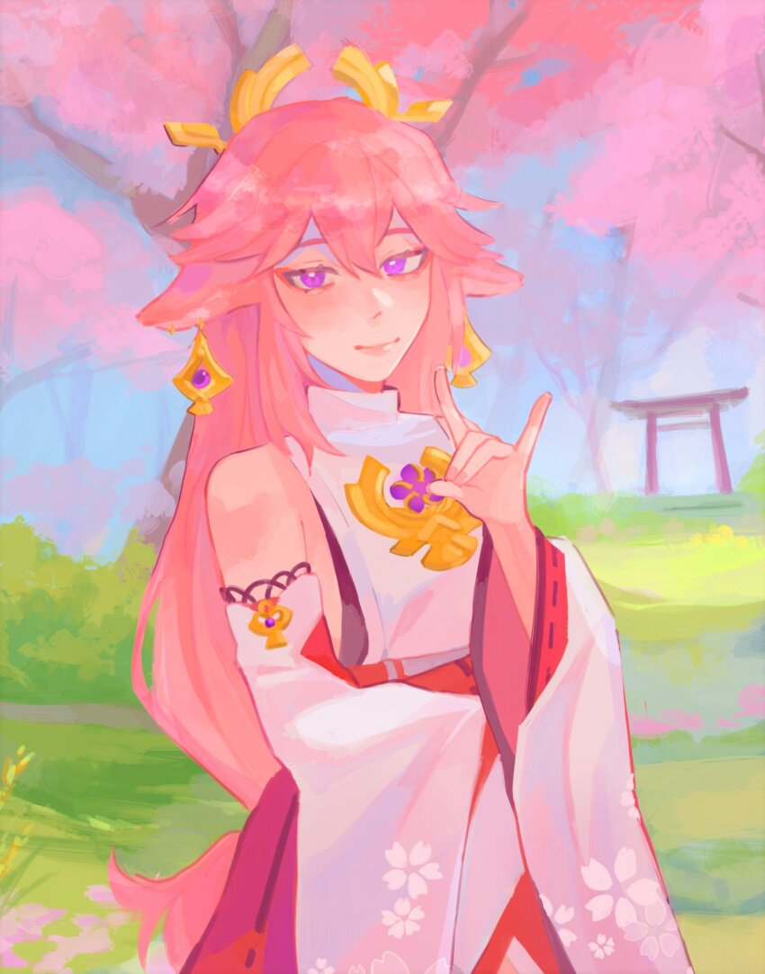 1girl, animal_ears, detached_sleeves, earrings, fox_ears, genshin_impact, hair_between_eyes, hair_ornament