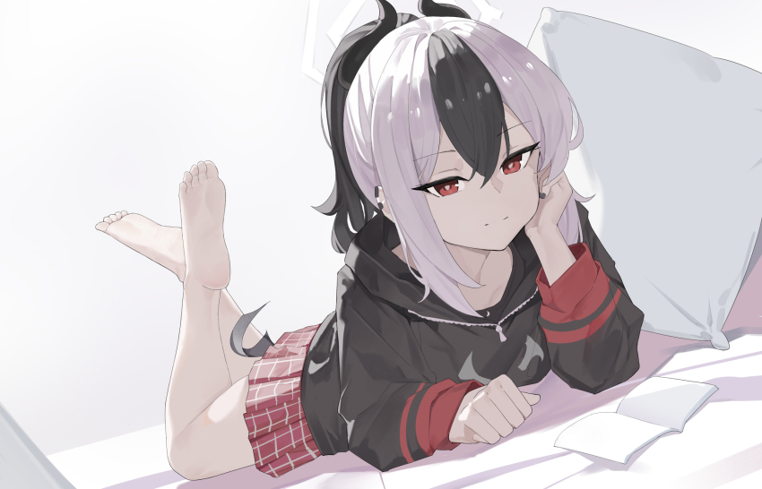 1girl, bare_legs, barefoot, black_hair, black_hoodie, black_horns, black_nails, blue_archive, book, dddm, demon_horns, ear_piercing, hand_on_bed, hand_on_own_cheek, hand_on_own_face, head_rest, highres, hood, hoodie, horns, indoors, kayoko_(blue_archive), light_smile, looking_at_viewer, lying, miniskirt, multicolored_hair, nail_polish, on_bed, on_stomach, open_book, piercing, pillow, plaid_clothes, plaid_skirt, pleated_skirt, red_eyes, red_skirt, skirt, soles, the_pose, toes, two-tone_hair, white_hair