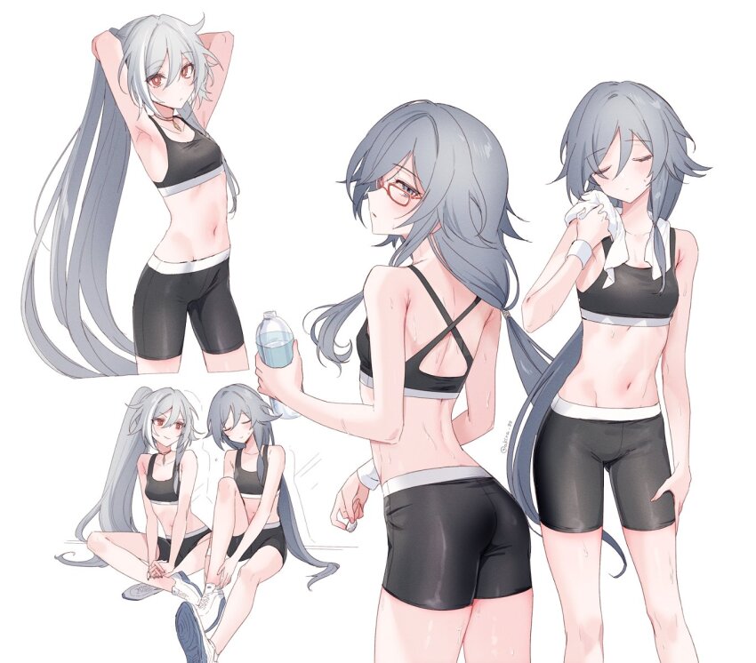 2girls, armpits, arms_up, ass, bare_shoulders, black_shorts, black_sports_bra, bottle, breasts, closed_eyes, collarbone, from_behind, fu_hua, herrscher_of_sentience, glasses, grey_hair, gym_shorts, highres, holding, holding_bottle, holding_towel, honkai_(series), honkai_impact_3rd, indian_style, legs, long_hair, multiple_girls, multiple_views, navel, plastic_bottle, ponytail, red_eyes, shoes, shorts, simple_background, sitting, small_breasts, sports_bra, stomach, takakura_aki, towel, water_bottle, white_background, white_footwear