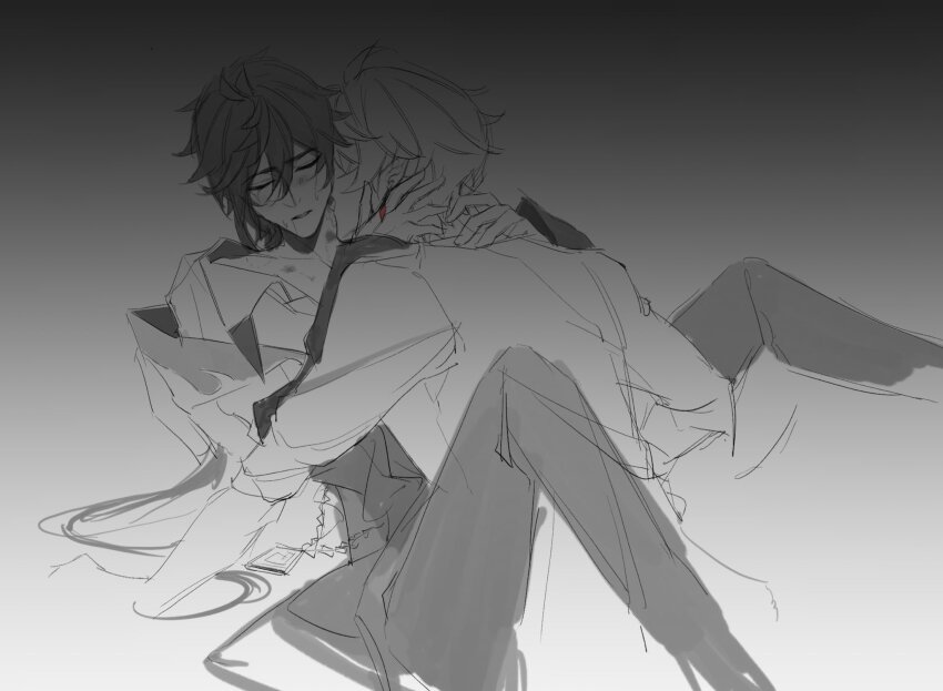2boys, blush, closed_eyes, genshin_impact, greyscale, hand_on_another's_neck, hickey, highres