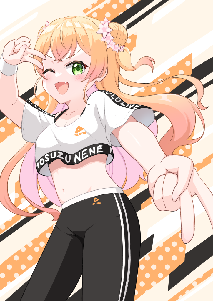 1girl, black_pants, blonde_hair, breasts, character_name, clothes_writing, copyright_name, cropped_shirt