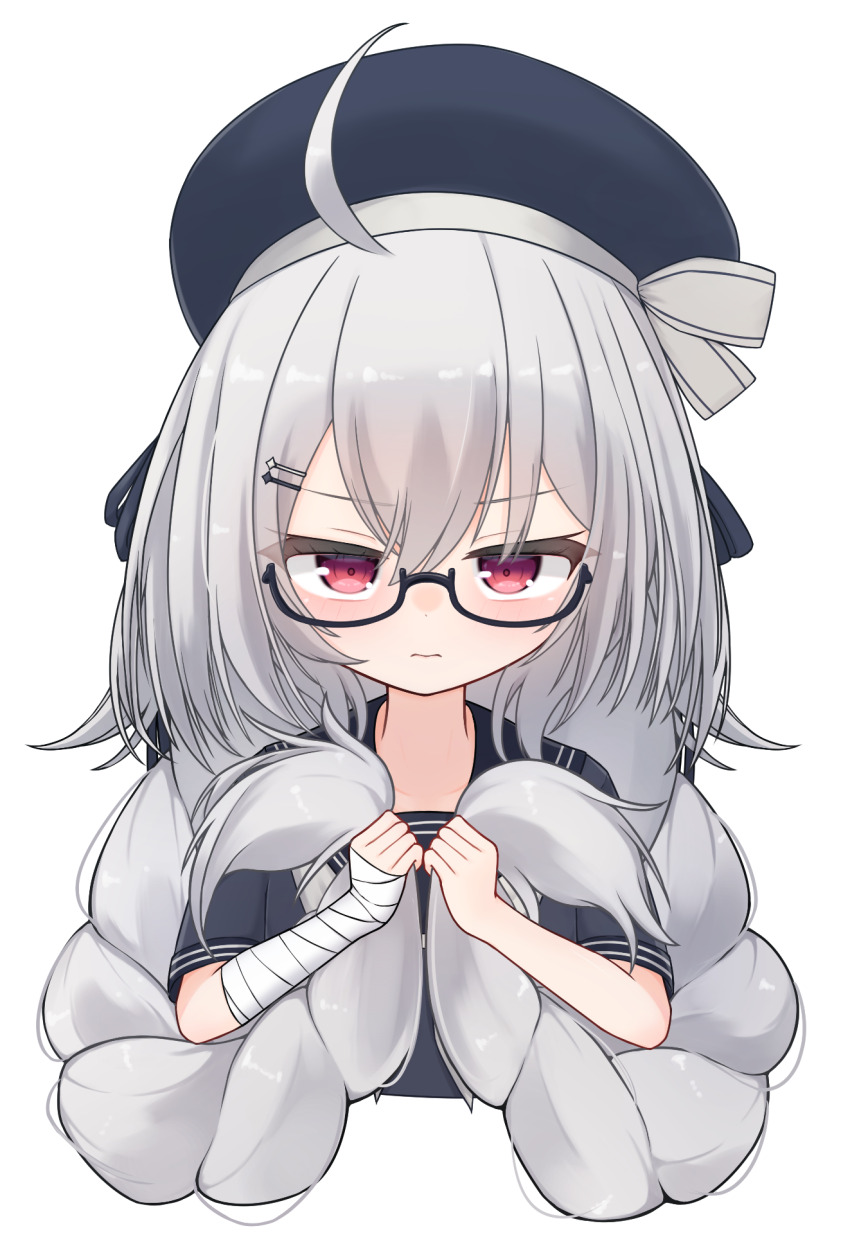 1girl, ahoge, bandaged_arm, bandaged_hand, bandages, beret, black-framed_eyewear, blue_hat