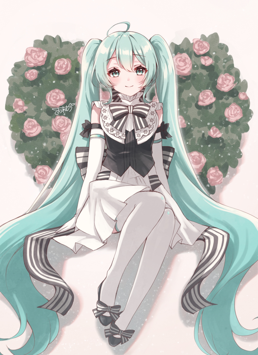 1girl, absurdly_long_hair, ahoge, aqua_eyes, aqua_hair, aqua_trim, arm_support, back_bow