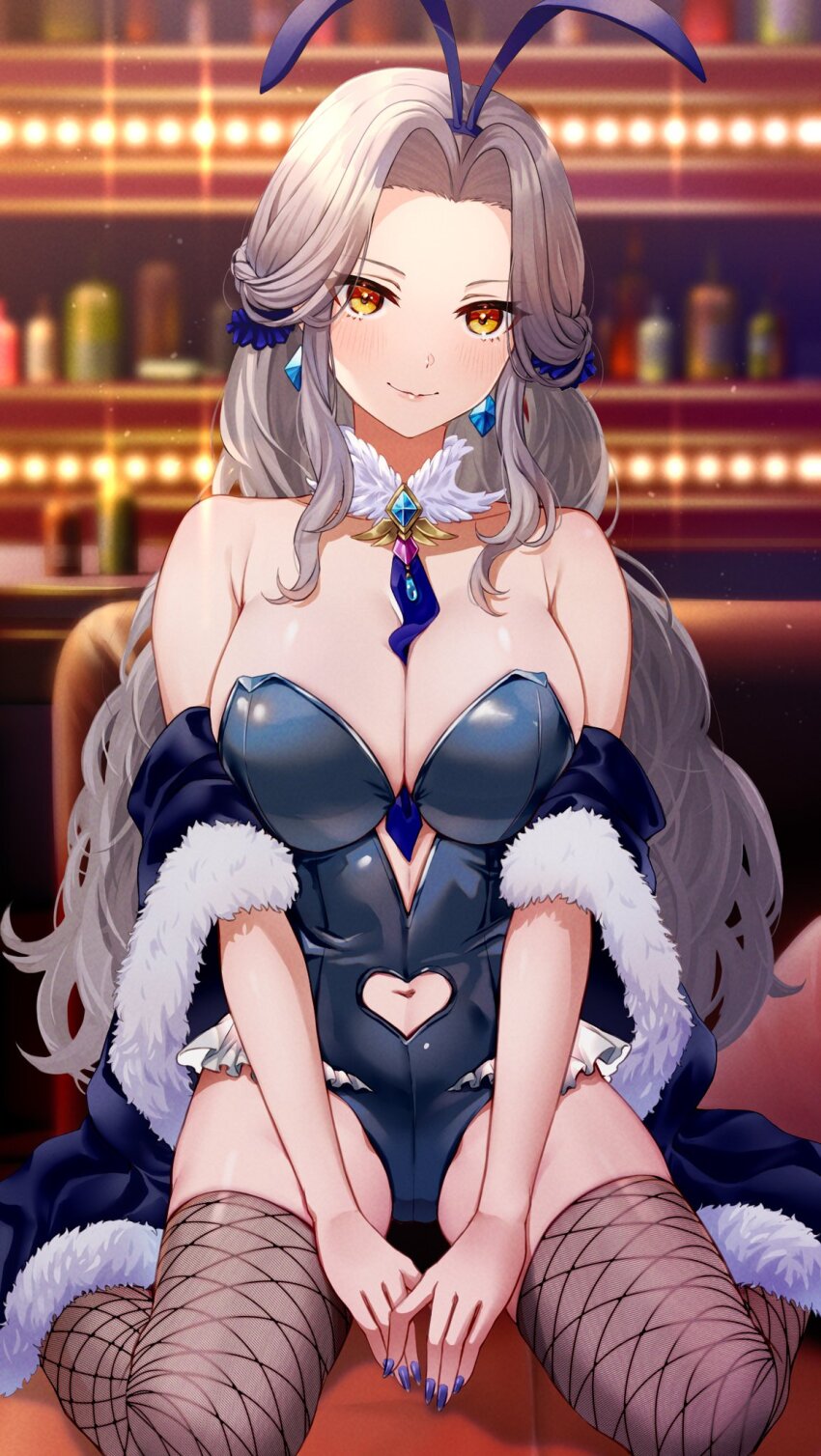 1girl, animal_ears, bar_(place), bare_shoulders, breasts, detached_collar, fake_animal_ears, fishnets