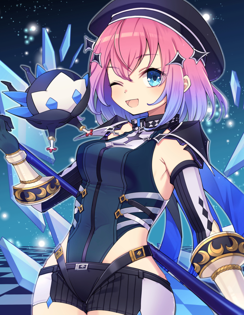 1girl, beret, black_gloves, black_leotard, blue_eyes, blue_hair, breasts, elbow_gloves