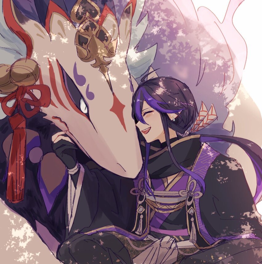 1boy, black_hair, black_sclera, closed_eyes, colored_sclera, fox, gloves, highres