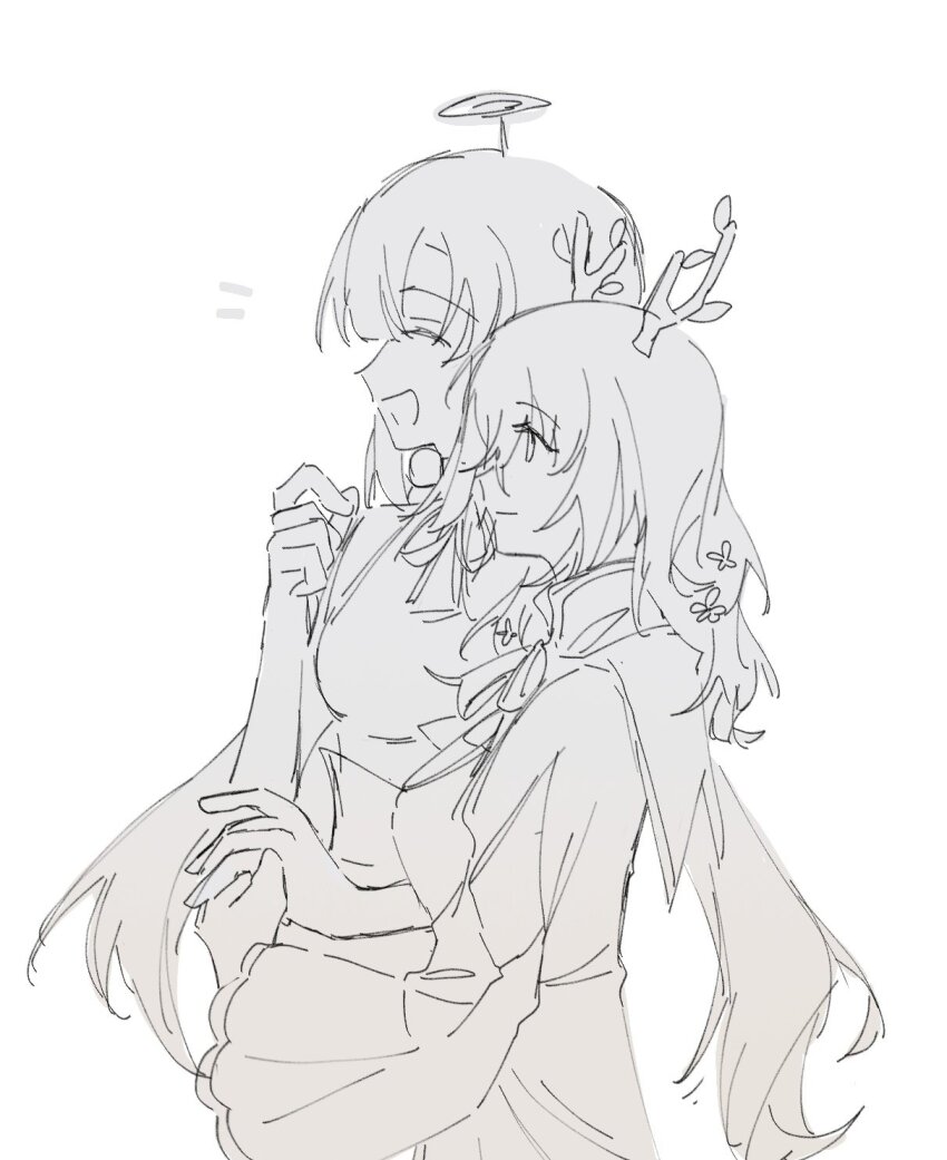 2girls, :d, ^_^, antlers, breasts, canvas0911, ceres_fauna, ceres_fauna_(1st_costume)