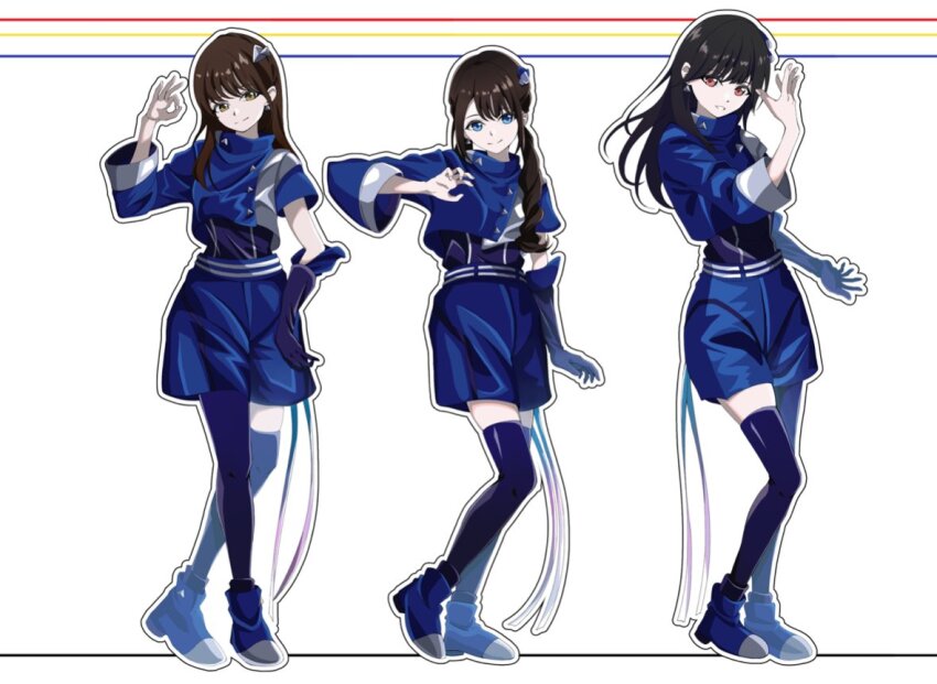 3girls, 3rd_live_tour_try_tri_unity!!!, arm_up, asymmetrical_legwear, asymmetrical_sleeves, black_hair, blue_eyes, blue_footwear