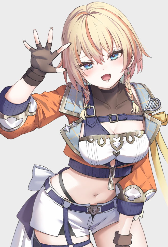 1girl, bandeau, belt, blonde_hair, blue_belt, blue_eyes, blush, braid