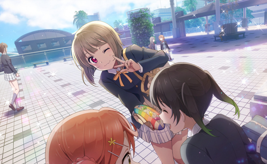 6+girls, ;), arched_back, asymmetrical_hair, bag, bench, black_hair, black_jacket