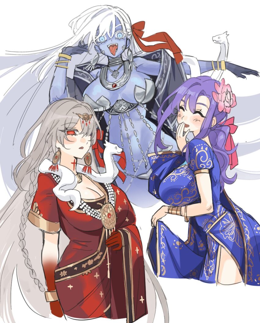 3girls, armor, asian_indian_clothes, bare_shoulders, belly_chain, bikini_armor, blue_eyes, blue_skin