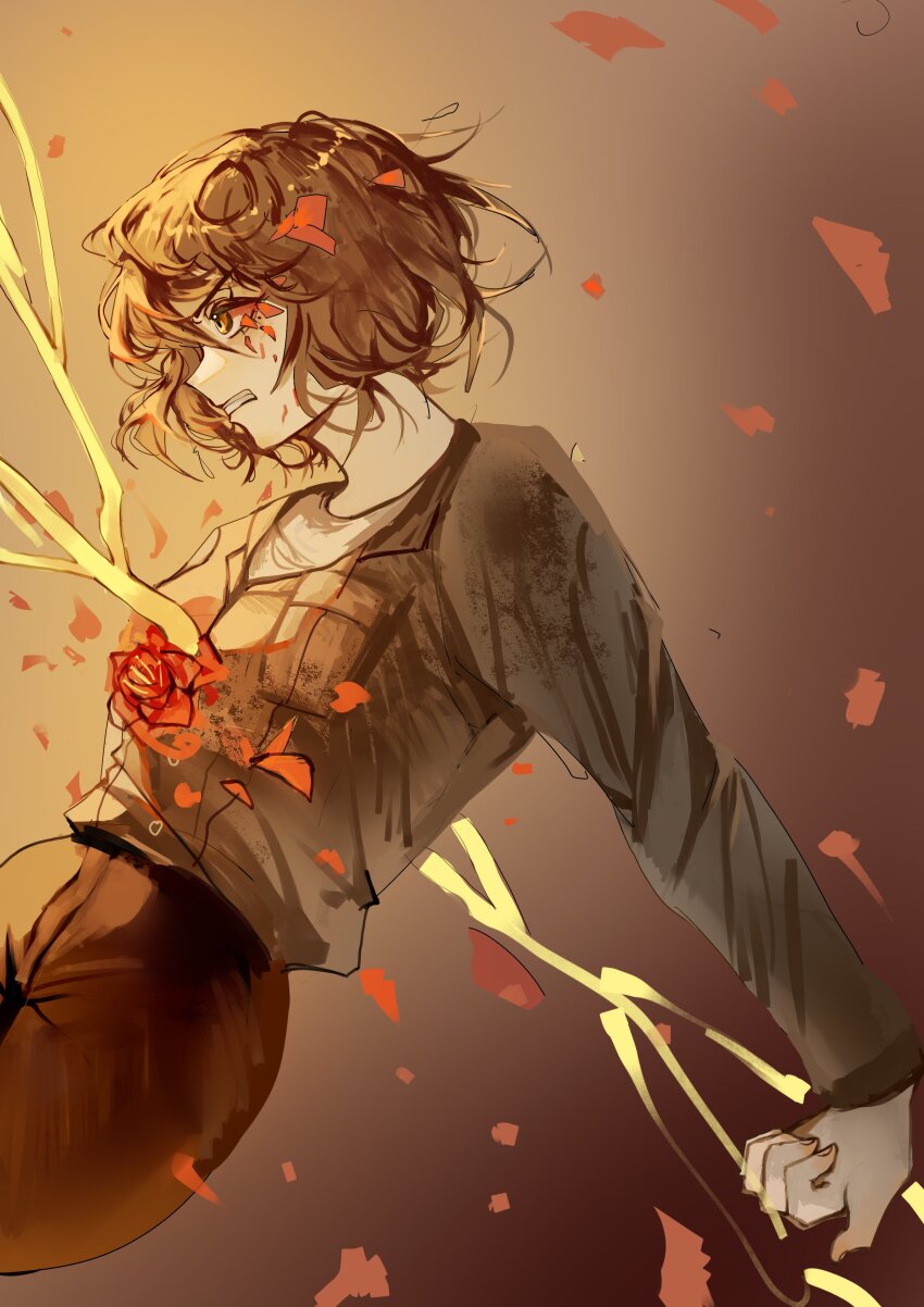 1girl, absurdres, black_pants, brown_eyes, brown_hair, camellia, clenched_teeth, cowboy_shot, dongbaek_(project_moon), flower, golden_bough_(project_moon), grey_jacket, highres, jacket, limbus_company, long_sleeves, pants, project_moon, qiujia, red_flower, shirt, solo, stab, teeth, white_shirt, wide-eyed