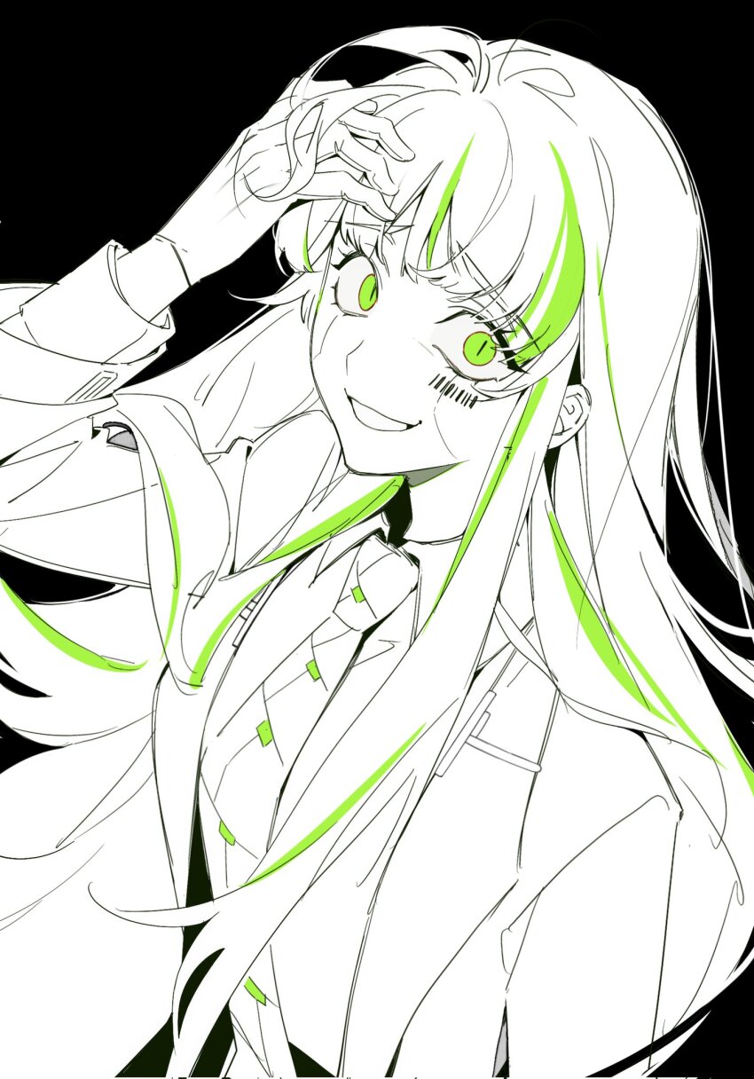 1girl, alfonso_(project_moon), aqiqiqiqi, barcode, barcode_tattoo, collared_shirt, gloves, green_eyes