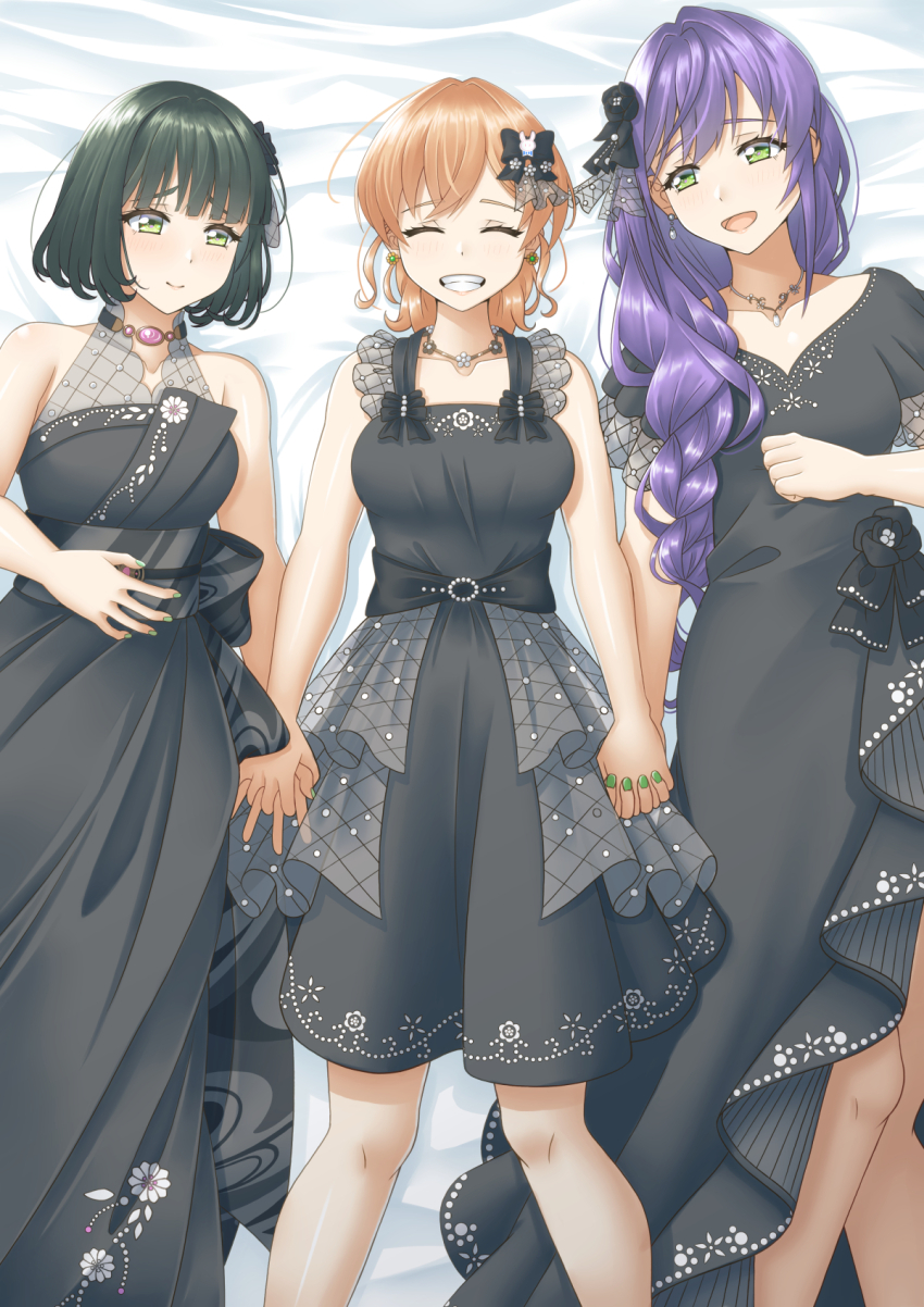3girls, :d, ^_^, black_bow, black_dress, black_hair, black_sash, blunt_bangs