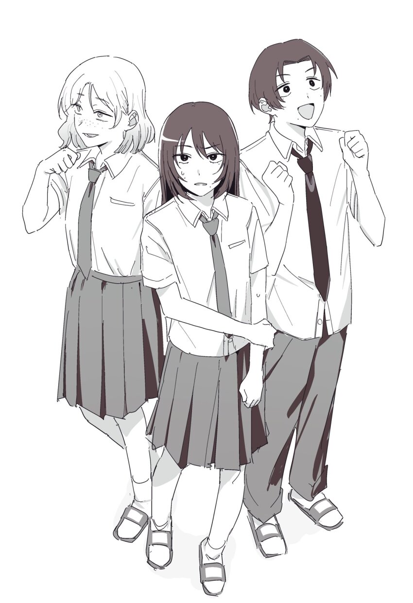 1boy, 2girls, :d, breast_pocket, brother_and_sister, clenched_hands, collared_shirt, commentary