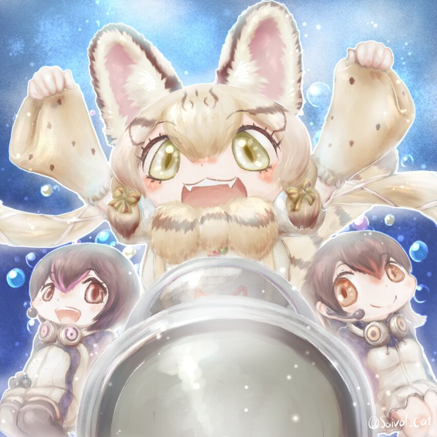 3girls, animal_ears, black_hair, bow, bowtie, brown_eyes, cat_ears, cat_girl