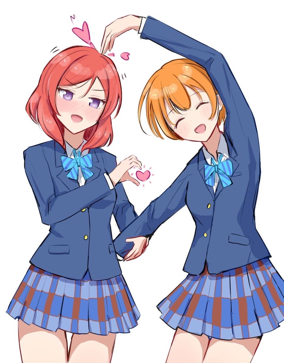 2girls, :d, ^_^, blazer, blue_bow, blue_bowtie, blue_jacket, blue_skirt, blush, bow, bowtie, closed_eyes, collared_shirt, commentary, cowboy_shot, diagonal-striped_bow, diagonal-striped_bowtie, diagonal-striped_clothes, dress_shirt, grabbing_another's_arm, hand_on_another's_head, heart, heart_arms_failure, heart_hands_failure, highres, hoshizora_rin, jacket, long_sleeves, love_live!, love_live!_school_idol_project, medium_hair, miniskirt, multiple_girls, nishikino_maki, nose_blush, open_mouth, orange_hair, otonokizaka_school_uniform, plaid_clothes, plaid_skirt, pleated_skirt, purple_eyes, red_hair, sa(bannane)k, school_uniform, shirt, short_hair, skirt, smile, striped_bow, striped_bowtie, striped_clothes, white_shirt, winter_uniform