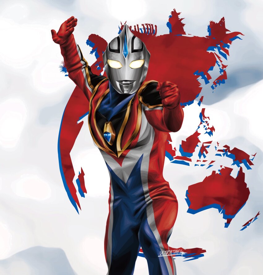 1boy, abstract_background, alien, armor, arms_up, artist_name, blue_skin, breastplate, clenched_hand, color_timer, colored_skin, commentary, compound_eyes, continents, contrapposto, dorsal_fin, feet_out_of_frame, fighting_stance, forehead_jewel, glowing, glowing_eyes, gomenos, highres, kaiju, legs_apart, looking_at_viewer, male_focus, mizunoe-no-ryuu, monster, multicolored_skin, red_skin, shazak, shoulder_armor, signature, silhouette, silver_skin, solo_focus, tigris_(ultra_series), tokusatsu, ultra_series, ultraman_agul, ultraman_agul_(supreme_version), ultraman_gaia_(series), ultrataku, white_background, wrinkled_skin, yellow_eyes, zonnel