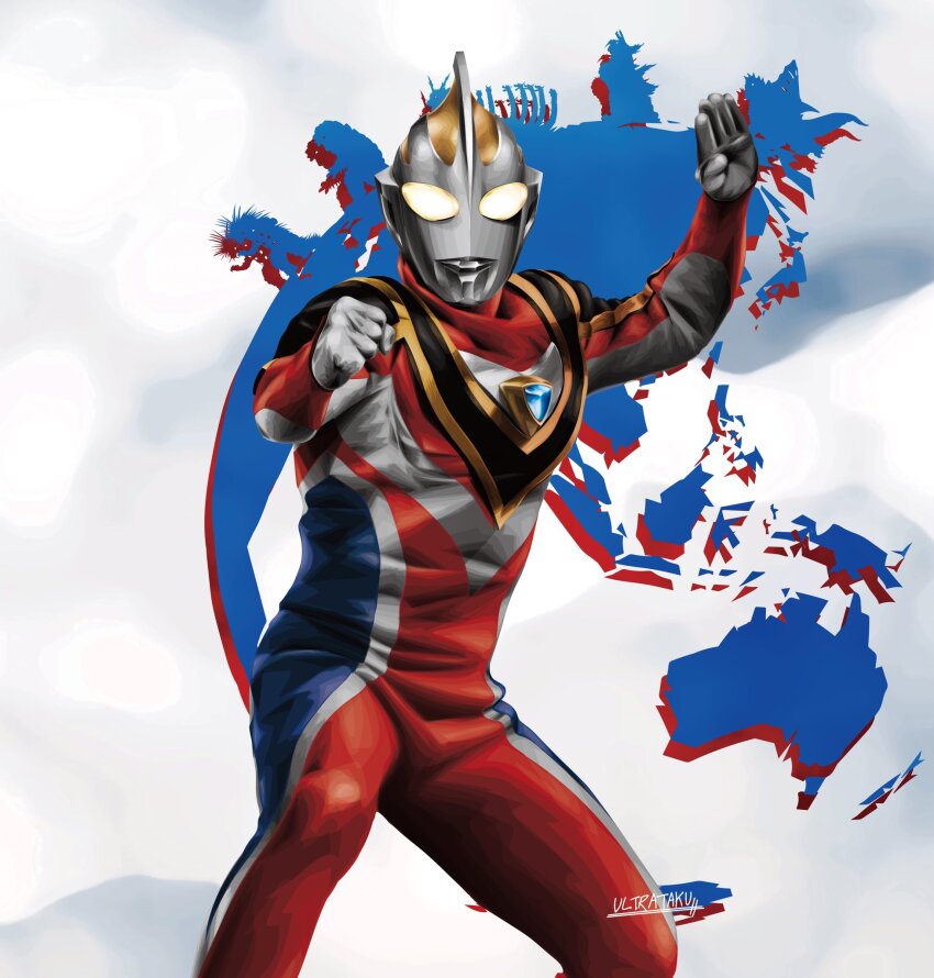 1boy, abstract_background, alien, armor, arms_up, artist_name, blue_skin, breastplate, clenched_hand, color_timer, colored_skin, commentary, compound_eyes, continents, contrapposto, dorsal_fin, feet_out_of_frame, fighting_stance, glowing, glowing_eyes, gomenos, highres, kaiju, legs_apart, looking_at_viewer, male_focus, mizunoe-no-ryuu, monster, multicolored_skin, muscular, muscular_male, red_skin, shazak, shoulder_armor, signature, silhouette, silver_skin, solo_focus, tigris_(ultra_series), tokusatsu, ultra_series, ultraman_gaia, ultraman_gaia_(series), ultraman_gaia_(supreme_version), ultrataku, white_background, wrinkled_skin, yellow_eyes, zonnel