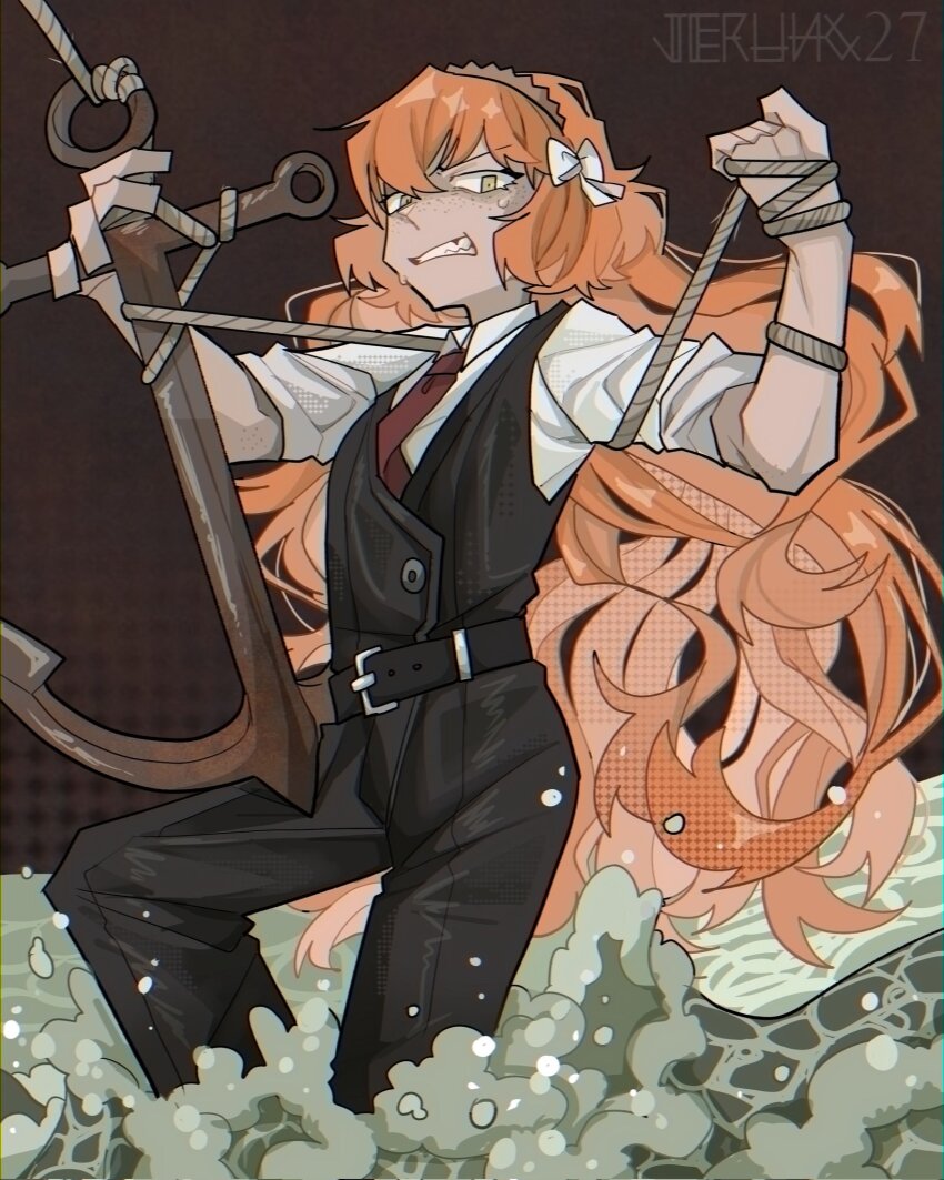 1girl, anchor, black_pants, black_vest, bow, clenched_teeth, freckles, green_eyes