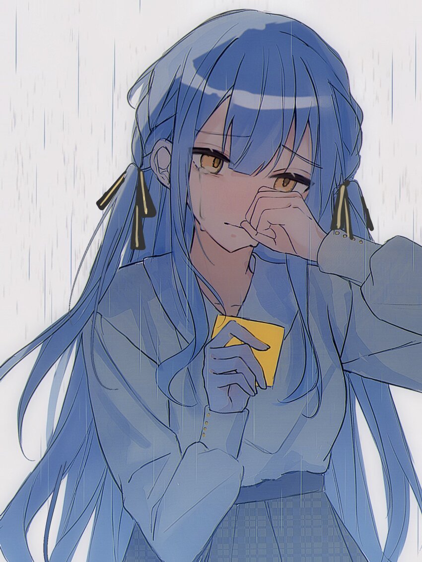 1girl, bang_dream!, bang_dream!_it's_mygo!!!!!, black_ribbon, blue_hair, braid, closed_mouth, commentary_request