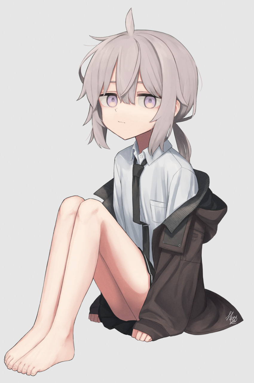 absurdres, ahoge, black_necktie, bolt_action, brown_jacket, cheytac_m200, closed_mouth, collared_shirt