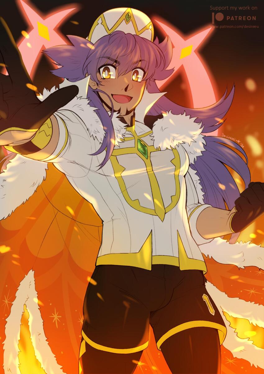 1boy, black_gloves, cape, clenched_hand, cowboy_shot, desireeu, fire, fur-trimmed_cape