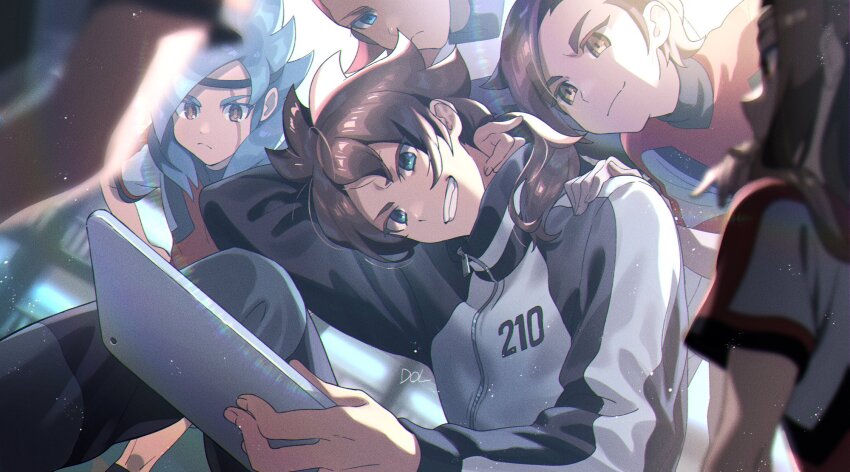 5boys, arm_behind_head, black_headband, blue_eyes, blue_hair, brown_eyes, brown_hair, dolustoy