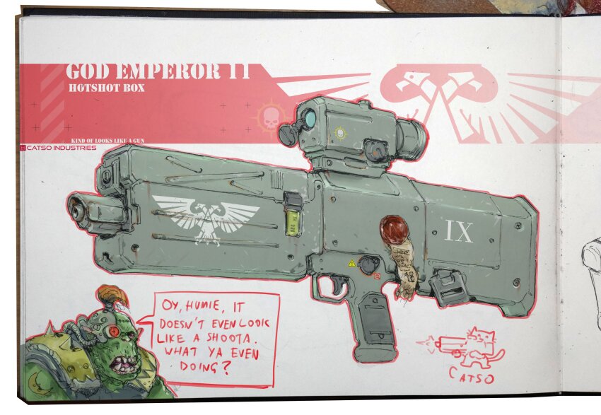 1boy, absurdres, arm_tattoo, artist_name, bullpup, colored_skin, commentary, english_commentary