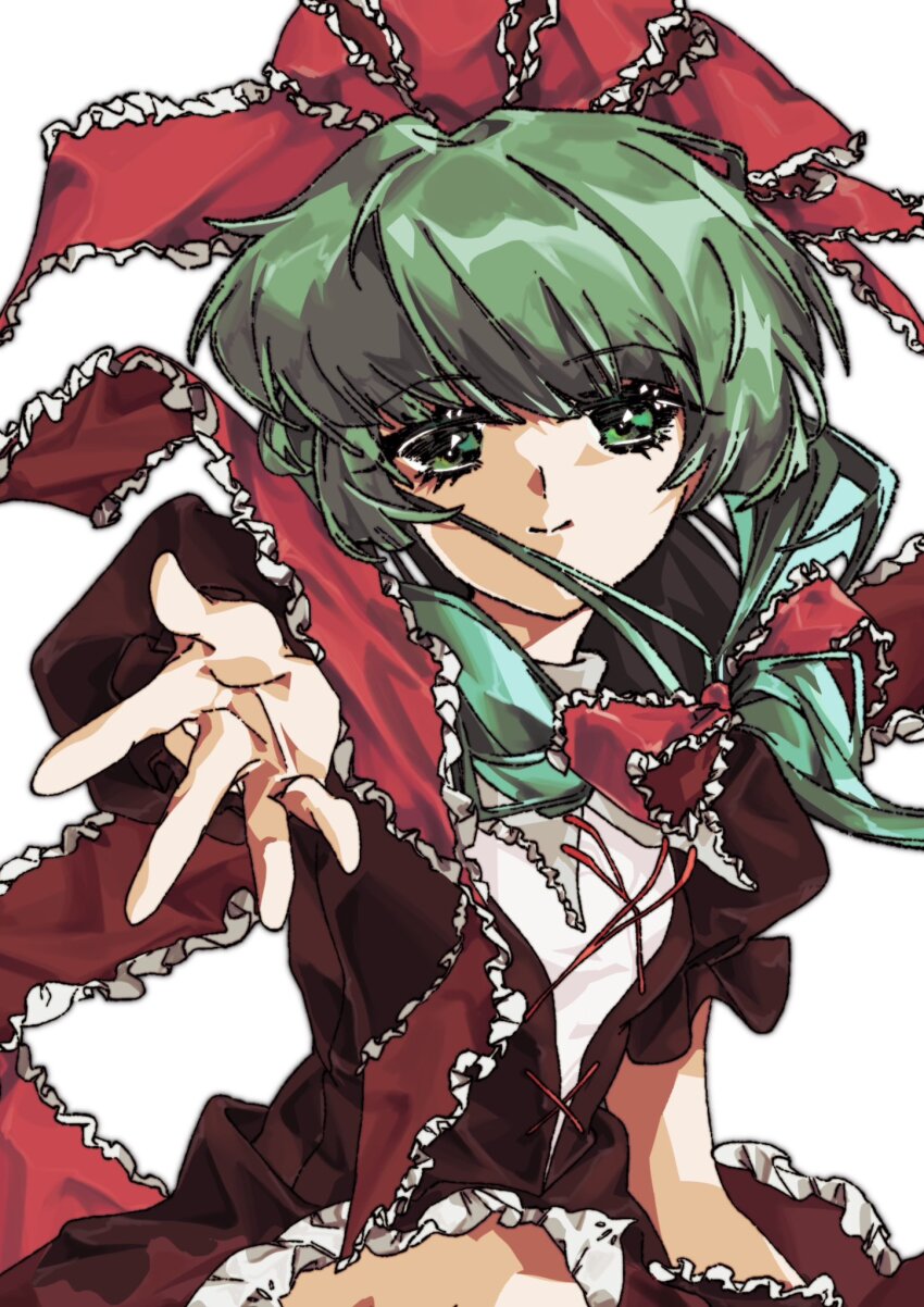 1girl, bow, front_ponytail, green_eyes, green_hair, hair_ribbon, highres, kagiyama_hina