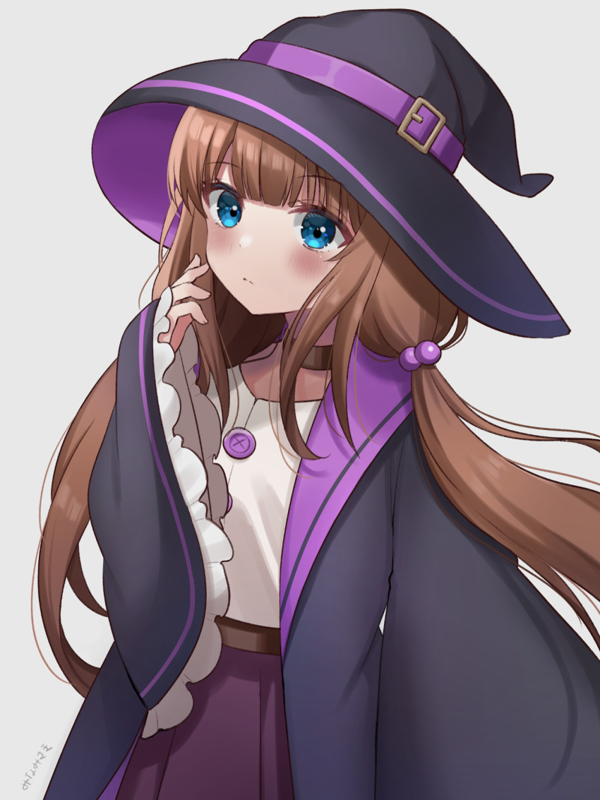 1girl, belt, belt_buckle, black_hat, black_robe, blue_eyes, blush, brown_hair