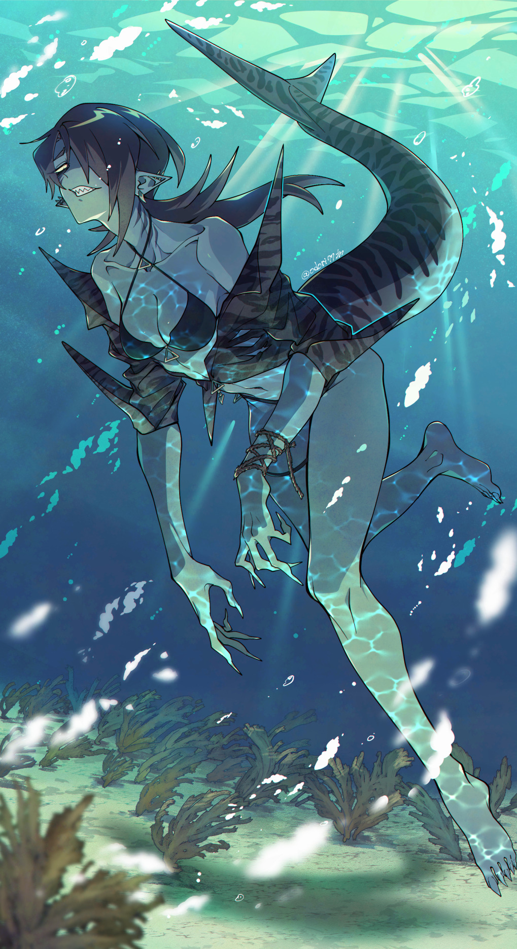 1girl, air_bubble, bare_shoulders, barefoot, bikini, black_bikini, black_hair, blue_skin, breasts, bubble, caustics, claws, collarbone, colored_skin, criss-cross_halter, ear_piercing, earrings, einohiraki, fins, fish_tail, gills, hair_over_one_eye, half-closed_eyes, halterneck, highres, jewelry, light_rays, long_hair, medium_breasts, monster_girl, navel, off_shoulder, original, piercing, pointy_ears, seaweed, shark_girl, shark_tail, sharp_teeth, solo, spiked_ear_piercing, swimming, swimsuit, tail, teeth, twitter_username, underwater